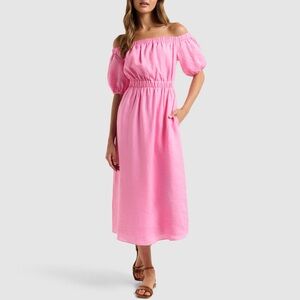 NWT Ever New Sz 6 Milan Bardot Pink Linen Off The Shoulder Mid Dress
